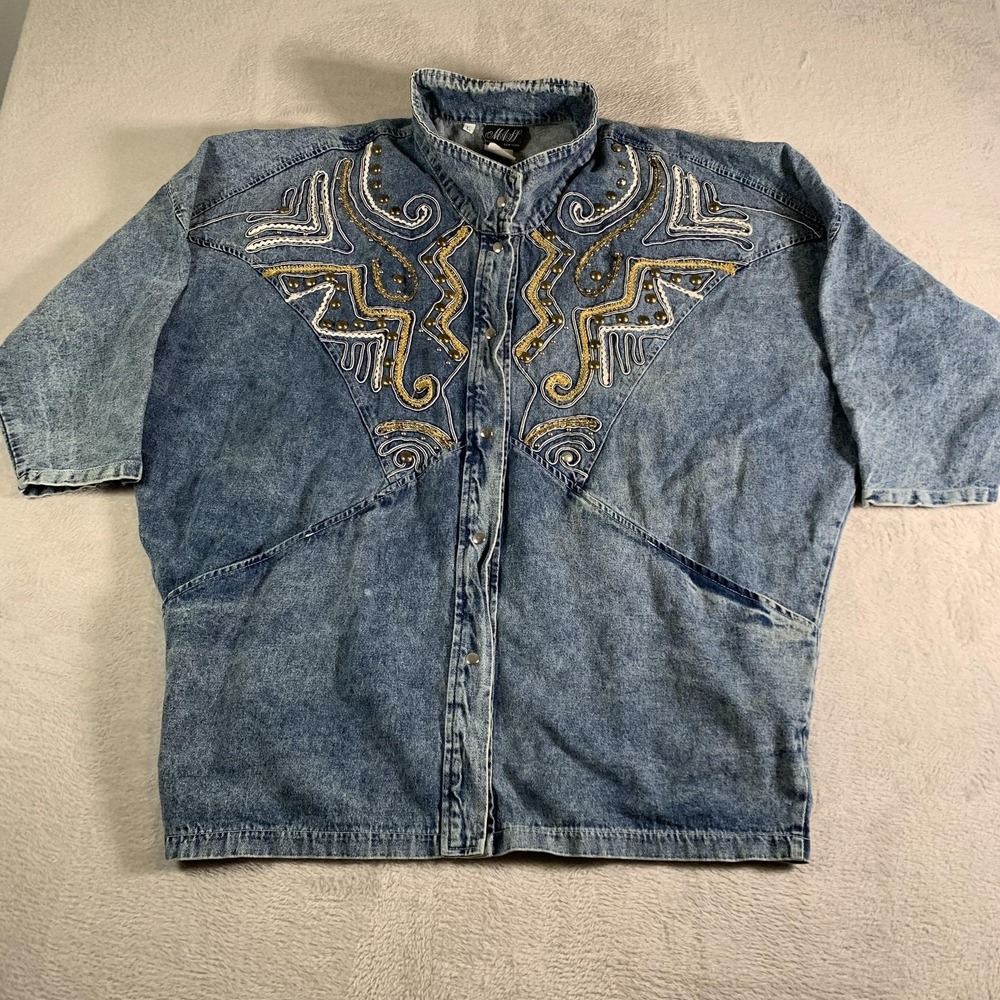 Vintage Mass Denim Shirt Womens Large Blue Beaded Studded mWestern Oversized 80s
